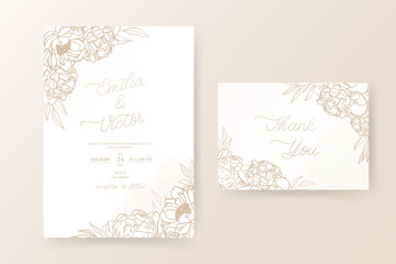 Elegant flower and leaf in line on wedding invitation card template