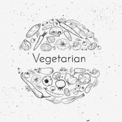 Vector grunge background with vegetables set and place for text. Sketch doodle vegan meal in circle frame organic drawing illustration for vegetarian restaurant menu or recipe or package.