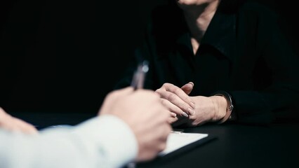 Crime suspect in handcuffs feeling shocked, denying involvement, interrogation