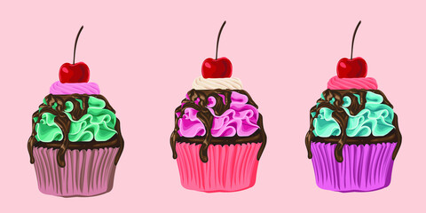 Delicious cupcake with cream chocolate and cherry on the top