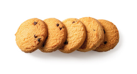 Shortbread chocolate chip cookies in a row cutout. Five danish butter biscuits isolated on a white background. Tasty danish pastry for breakfast and sweet food concepts.