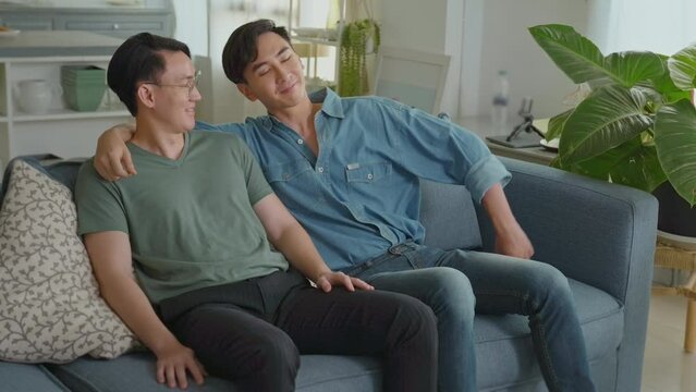 Young smiling gay couple watching TV in the living room at home, LGBTQ and diversity