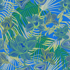 Materiał do szycia Beautiful bright orchids surrounded by lush tropical plants. Bright neon exotic colors.Printable seamless eye-catching bold patterns for graphic design, pattern surface, wallpaper, t-shirt and apparel
