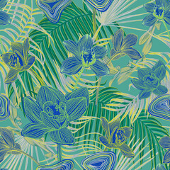 Materiał do szycia Beautiful bright orchids surrounded by lush tropical plants. Bright neon exotic colors.Printable seamless eye-catching bold patterns for graphic design, pattern surface, wallpaper, t-shirt and apparel