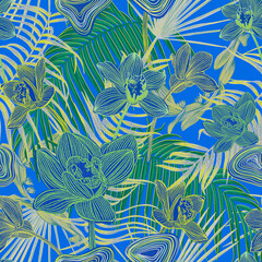 Materiał do szycia Beautiful bright orchids surrounded by lush tropical plants. Bright neon exotic colors.Printable seamless eye-catching bold patterns for graphic design, pattern surface, wallpaper, t-shirt and apparel