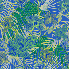 Materiał do szycia Beautiful bright orchids surrounded by lush tropical plants. Bright neon exotic colors.Printable seamless eye-catching bold patterns for graphic design, pattern surface, wallpaper, t-shirt and apparel