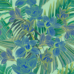 Materiał do szycia Beautiful bright orchids surrounded by lush tropical plants. Bright neon exotic colors.Printable seamless eye-catching bold patterns for graphic design, pattern surface, wallpaper, t-shirt and apparel