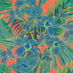 Materiał do szycia Beautiful bright orchids surrounded by lush tropical plants. Bright neon exotic colors.Printable seamless eye-catching bold patterns for graphic design, pattern surface, wallpaper, t-shirt and apparel