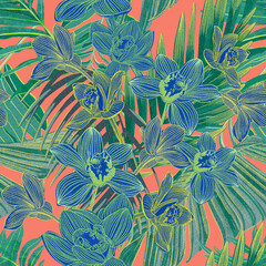 Materiał do szycia Beautiful bright orchids surrounded by lush tropical plants. Bright neon exotic colors.Printable seamless eye-catching bold patterns for graphic design, pattern surface, wallpaper, t-shirt and apparel