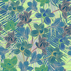 Materiał do szycia Beautiful bright orchids surrounded by lush tropical plants. Bright neon exotic colors.Printable seamless eye-catching bold patterns for graphic design, pattern surface, wallpaper, t-shirt and apparel
