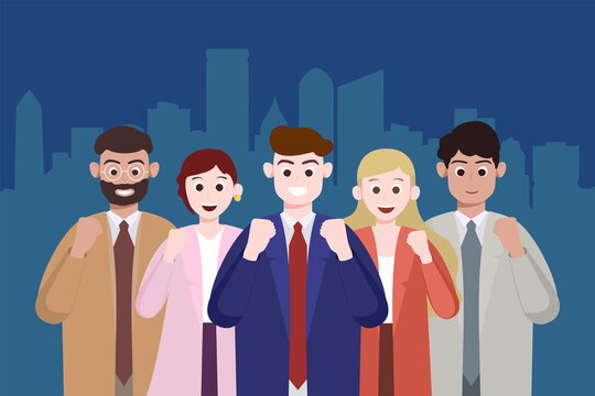 Business concept. Group of multiracial business people in suits are cheering up and smiling with their fists on.  Business team stands together on the background of skyline. Flat cartoon style.  