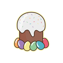 Easter cake and painted eggs. A postcard for the Easter holiday, a sticker or a background.