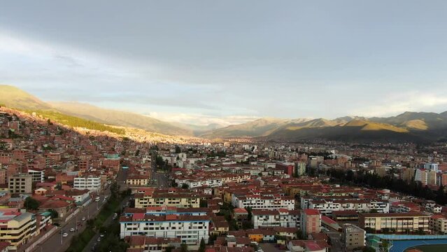 Aerial Of Buildings And Houses In Mariscal Gamarra District, Cusco, Peru - drone shot