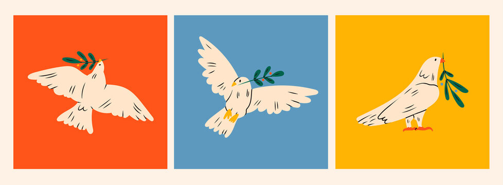 Dove of peace. Flying and standing Birds with an olive branches. Peace and love, freedom, no war concept. Hand drawn modern Vector illustrations. All elements are isolated. Set of three cards