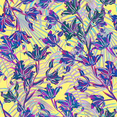 Fototapeta na wymiar Very Per colors seamless tropical patterns stylish bright ultraviolet with neon accents. Bright orchids against the background of exotic lush foliage create a beautiful stylish design for fabric, wall
