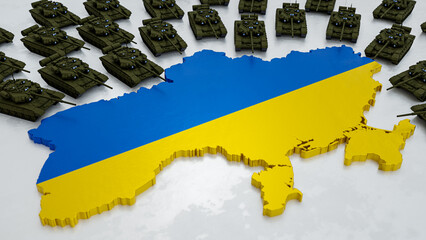 Russian ilitary tanks surrounding Ukraine. Ukrainian flag over map. Concept of war, russia invasion, military conflict, bomb shelling, civilian death. 3D render.