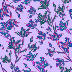 Very Per colors seamless tropical patterns stylish bright ultraviolet with neon accents. Bright orchids against the background of exotic lush foliage create a beautiful stylish design for fabric, wall