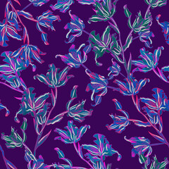 Very Per colors seamless tropical patterns stylish bright ultraviolet with neon accents. Bright orchids against the background of exotic lush foliage create a beautiful stylish design for fabric, wall