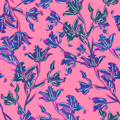 Very Per colors seamless tropical patterns stylish bright ultraviolet with neon accents. Bright orchids against the background of exotic lush foliage create a beautiful stylish design for fabric, wall