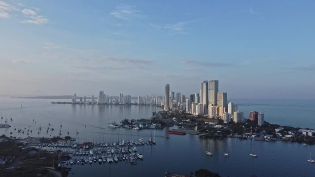 Scenic Cartagena bay (Bocagrande) and city skyline at sunset. Cartagena skyline Colombia at sunset. Aerial view of the Bocagrande district in Cartagena, Colombia