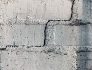 an old white brick wall with a crack