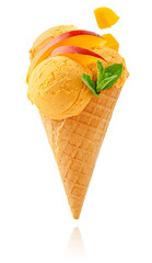 Mango ice cream cone isolated on white background with clipping path.
