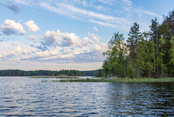 Panoramic landscape with evening lake. Nature conceptual image. Evening on the lake at summer. vintage picture.