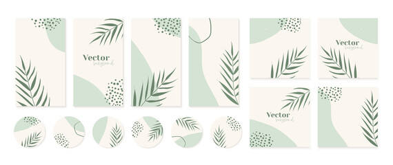 Minimal instagram post, stories templates, highlights icons in green colors. Abstract organic shapes floral background