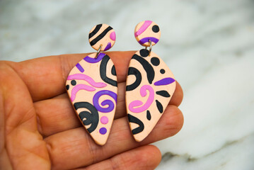 Unique colorful earrings of polymer clay. Handmade jewelry.