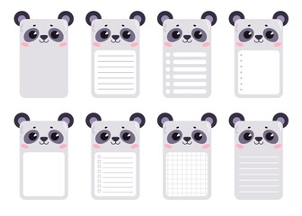 A set of note cards with a cute panda. Rectangular cards for post-it notes, notes, to-do list and day planner. Ruled, checkered, blank space for text. 