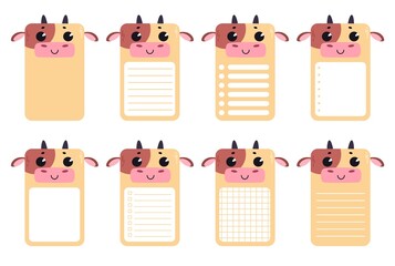 Set of note cards with a cute cow. Rectangular cards for post-it notes, notes, to-do list and diary. Ruled, checkered, blank space for text. 