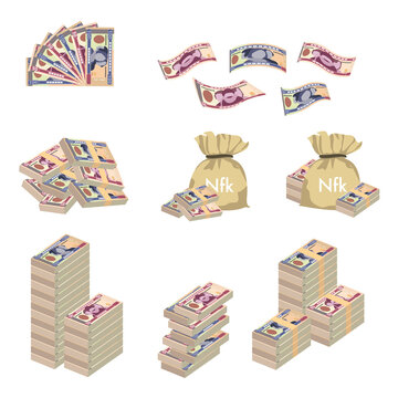 Nakfa Vector Illustration. Huge packs of Eritrea money set bundle banknotes. Bundle with cash bills. Deposit, wealth, accumulation and inheritance. Falling money 50, 100 NFK.