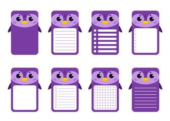 Set of note cards with a cute penguin. Rectangular cards for post-it notes, notes, to-do list and diary. Ruled, checkered, blank space for text. 