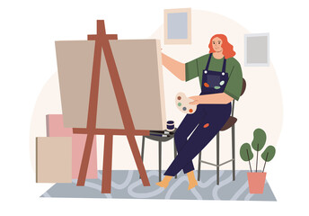 Young woman painting with brush on canvas in a studio. Creative profession artist. Cartoon colorful hand drawn vector illustration in flat style