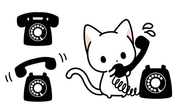 昔のレトロ黒電話・電話に出る白猫ちゃんイラスト