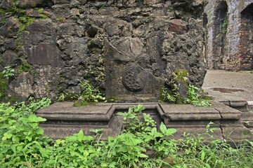 engraving at medieval vasai fort , maharashtra, india 