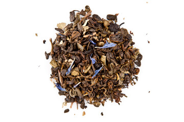 herbal black greeen tea leaves isolated on white