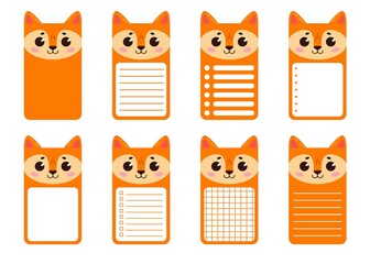 A set of note cards with a cute fox. Rectangular cards for post-it notes, notes, to-do list and diary. Ruled, checkered, blank space for text. 