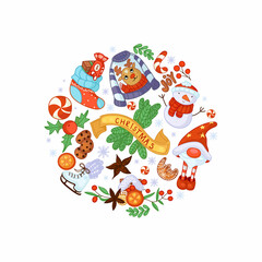 Christmas and New Year collection of seasonal elements in circular shape. Hand drawn vector illustration