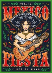 Fototapeta na wymiar Mexico vintage poster with female guitarist