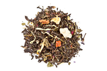 herbal black greeen tea leaves isolated on white