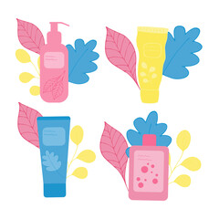 A set of various cosmetics for hair care. A set of cosmetics and hair products in bottles, tubes and jars. Color flat vector illustration isolated on a white background.