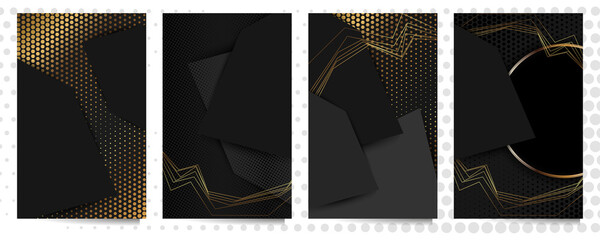 Set universal version of the basis for a Wedding or Christmas gold elements dots circles and lines design black background abstract shiny color golden