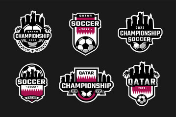 Football championship. Set sport logo Qatar 2022 on a dark background. Vector illustration.