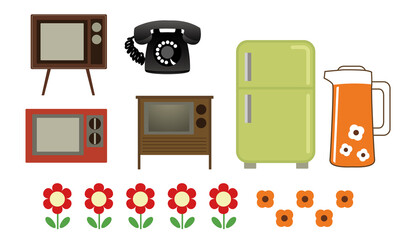 可愛い昭和レトロな昔の家電（緑の冷蔵庫・黒電話・テレビ・ポット）