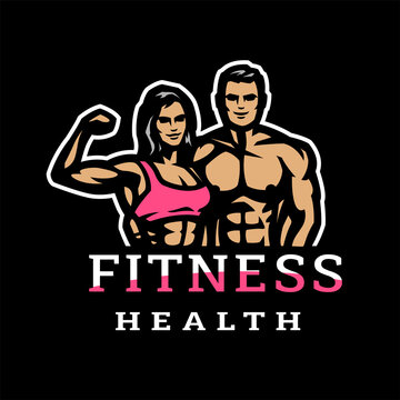Man and woman, fitness club logo on a dark background. Vector illustration.
