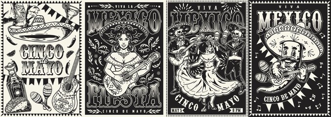Fototapeta na wymiar Vintage posters set with Mexican performers