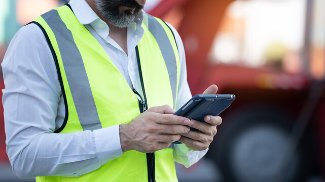 CEO or Manager in white helmet with tablet control loading Containers box in warehouse , manager inspector or Safety Supervisor in Container CustomTerminal port concept import export transportation