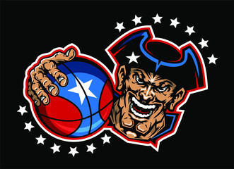 american patriot mascot holding basketball with stars for school, college or league