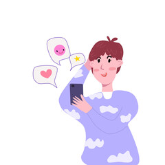a young man with colored hair in bright comfortable clothes looks at the smartphone screen, from which emoji hearts, smiles, stars fly out. Social approval and support concept, zoomers life style